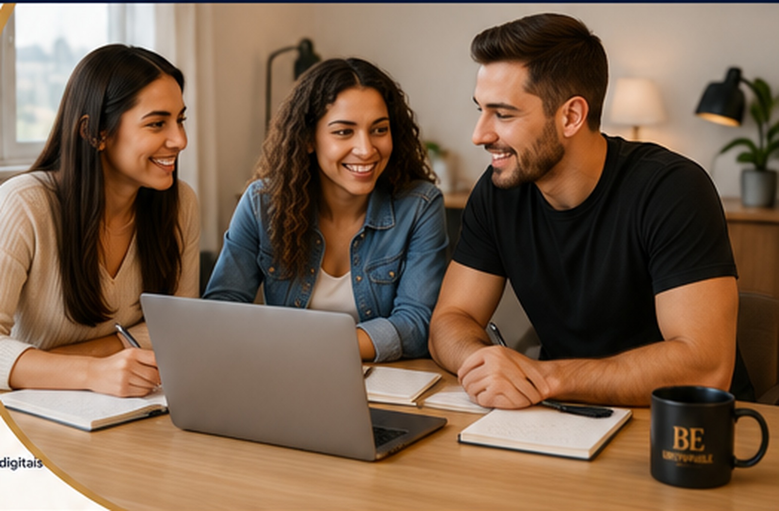 Três alunos estudando inglês juntos em frente ao computador